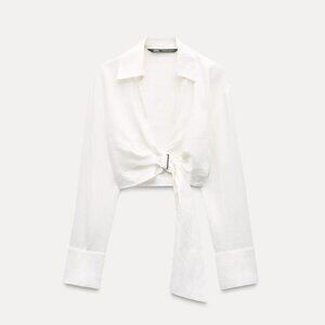 NWT ZARA BUCKLED LINEN SHIRT M | Ecru